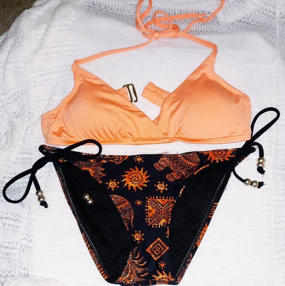SOLD Orange & black boho bikini set